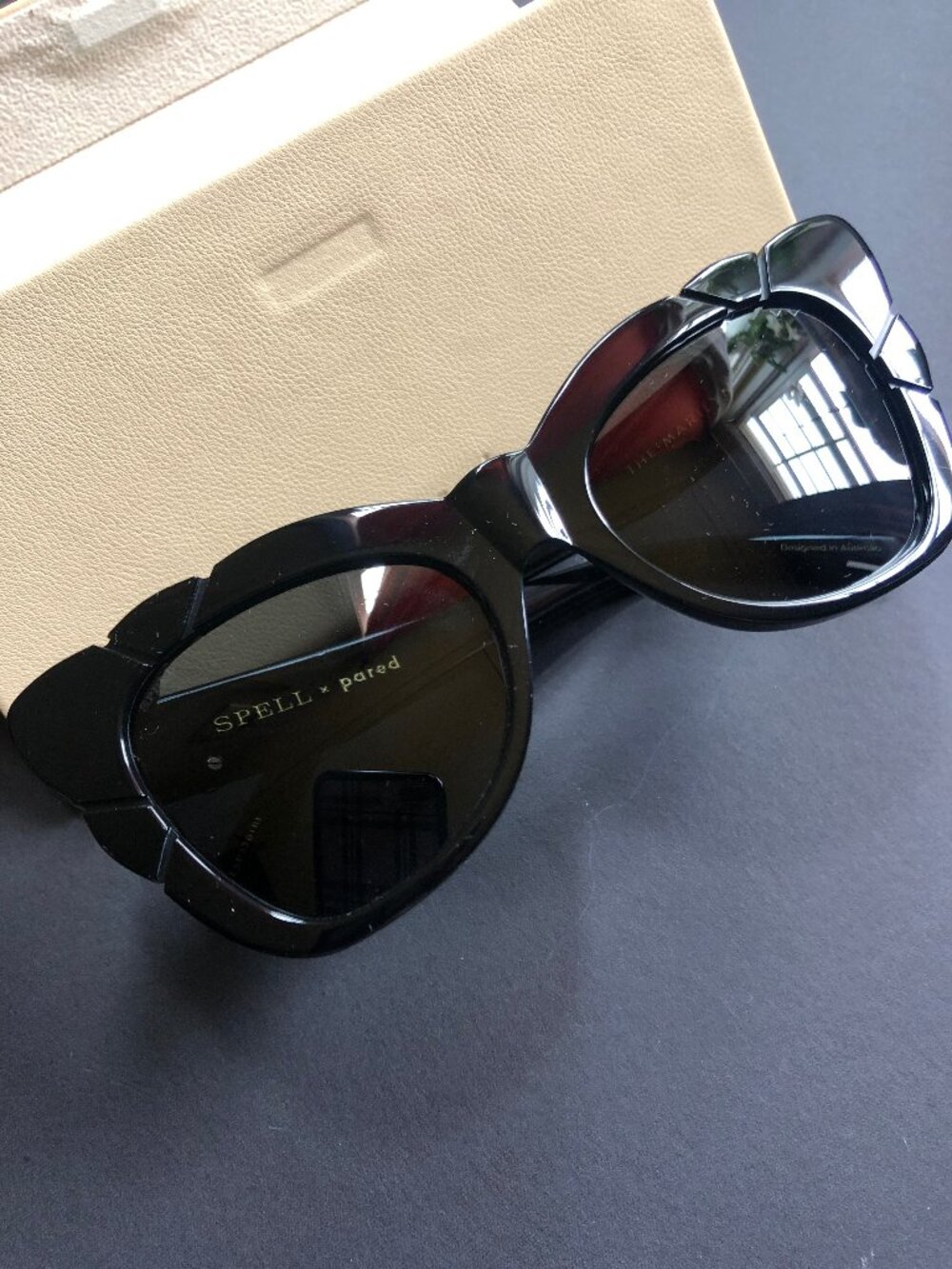 Spell & the Gypsy x pared Marilyn Thick Arm with Solid Grey Lens Sunglasses  NEW